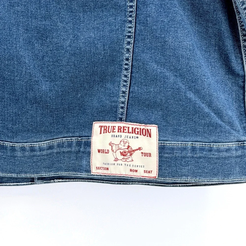 True Religion Denim Trucker Jacket Mens L Blue Excellent Stretch Horseshoe‎ Logo